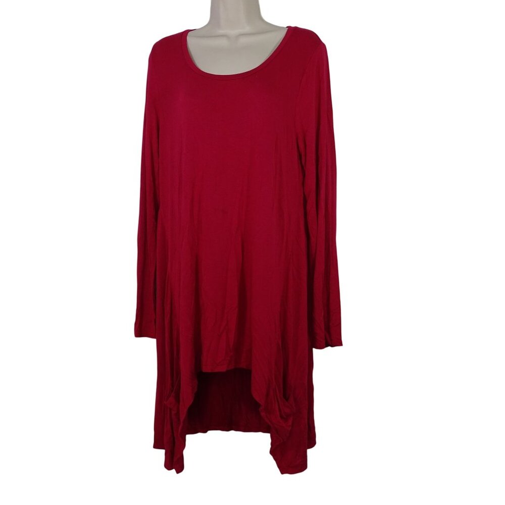 LOGO Lori Goldstein Berry High Low Tunic Top Women Size M Long Sleeve Pockets